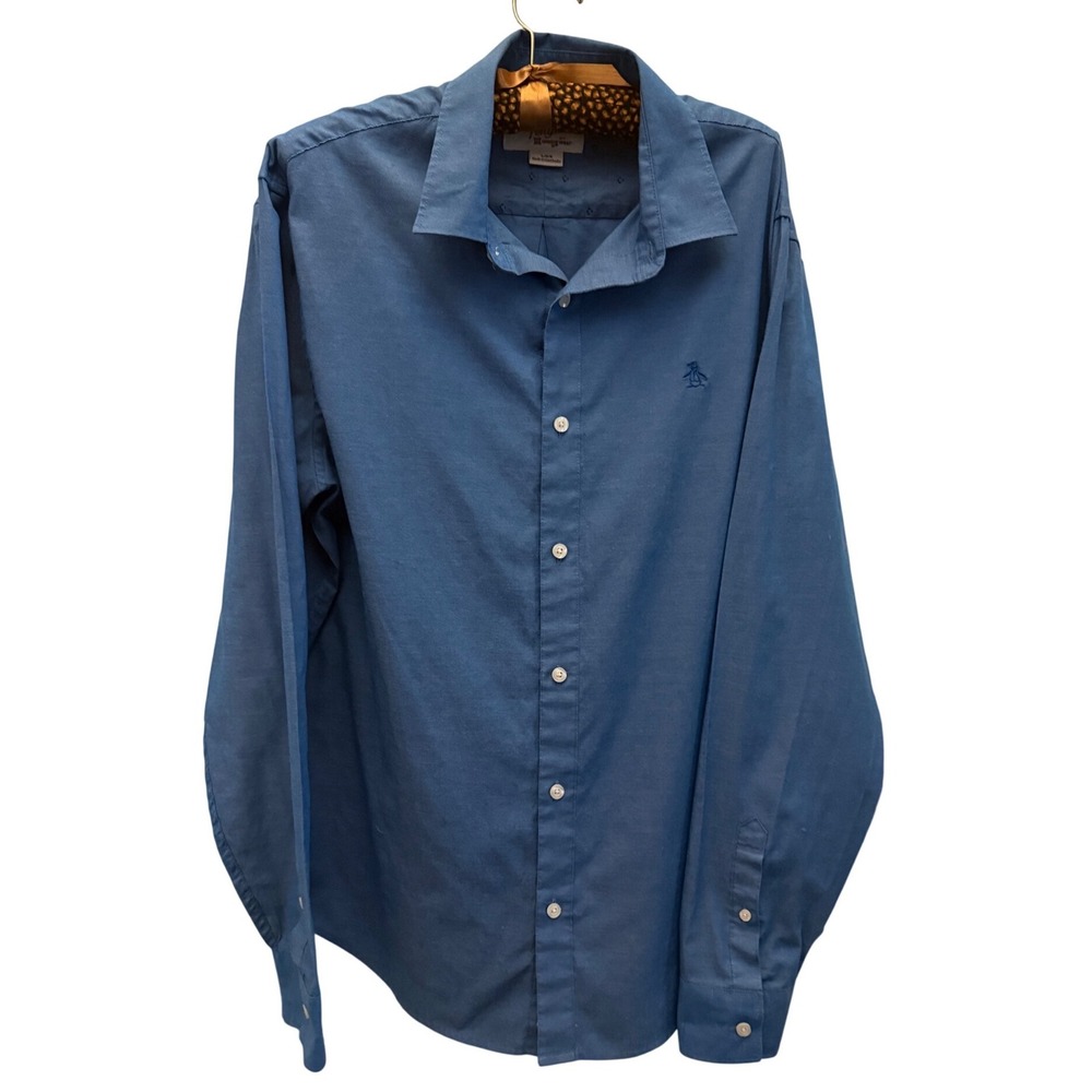 Penguin Mens Blue Long Sleeve Button Down Shirt Large OP3807 Cotton Blend